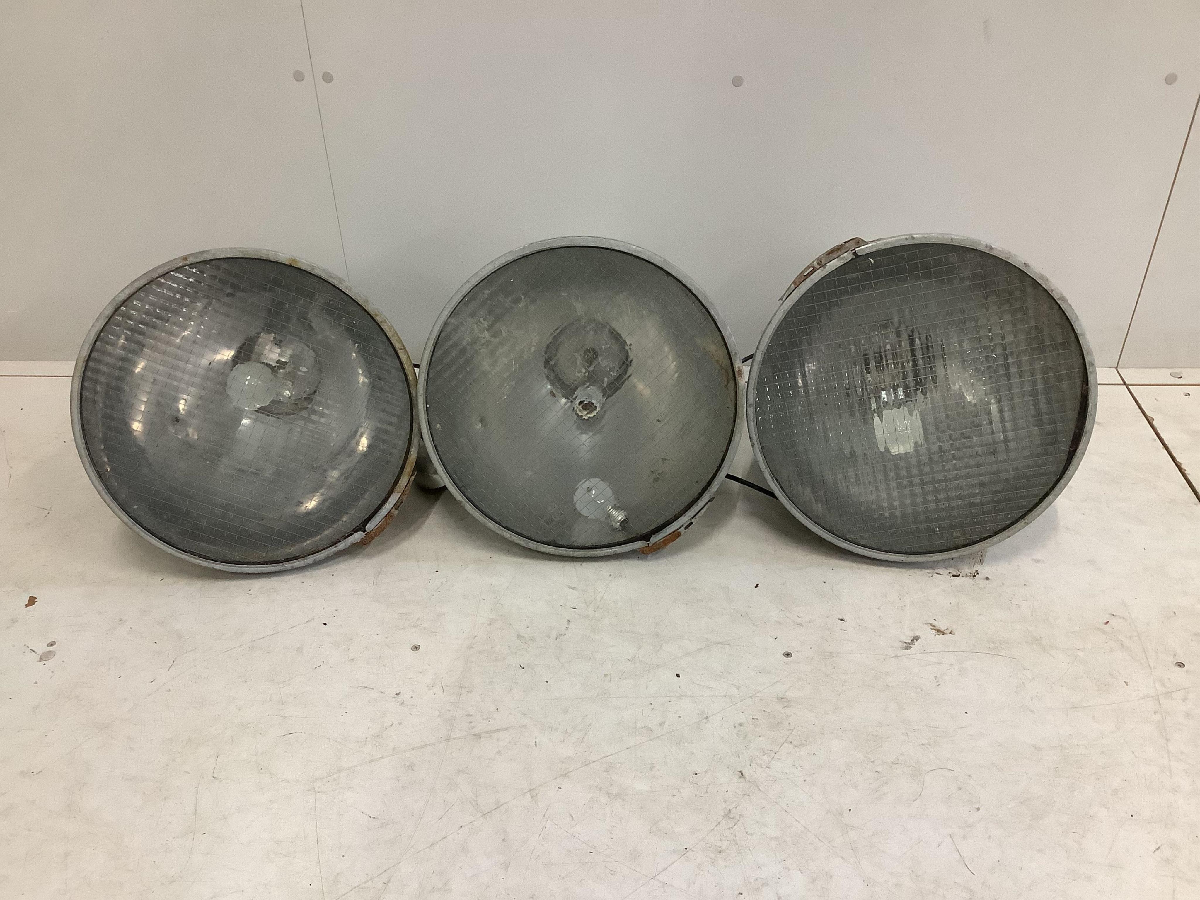 A set of three industrial style circular aluminium ceiling lights, diameter 40cm, height 33cm. Condition - poor to fair